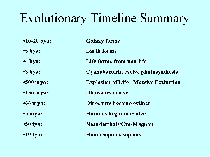Evolutionary Timeline Summary • 10 -20 bya: Galaxy forms • 5 bya: Earth forms