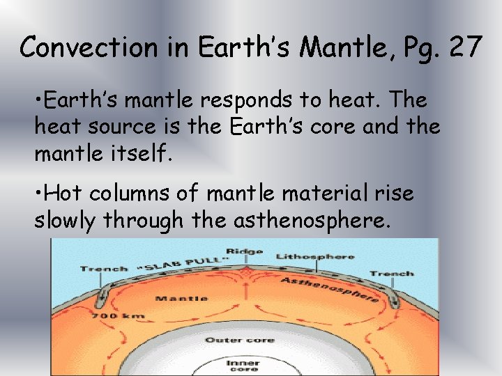 Convection in Earth’s Mantle, Pg. 27 • Earth’s mantle responds to heat. The heat