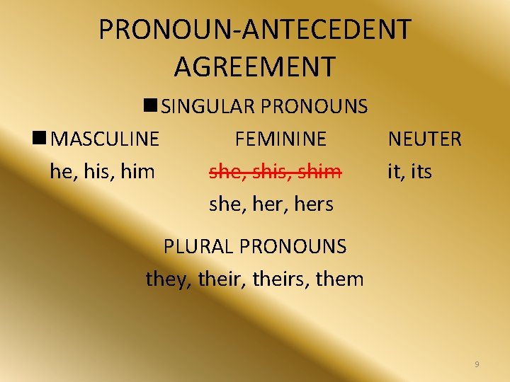 PRONOUN-ANTECEDENT AGREEMENT n SINGULAR PRONOUNS n MASCULINE FEMININE NEUTER he, his, him she, shis,