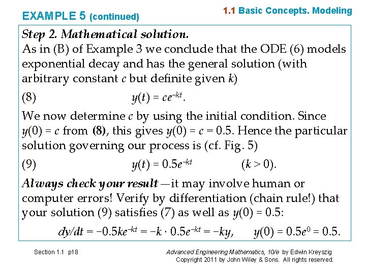 1. 1 Basic Concepts. Modeling EXAMPLE 5 (continued) Step 2. Mathematical solution. As in 1. 1 Basic Concepts. Modeling EXAMPLE 5 (continued) Step 2. Mathematical solution. As in