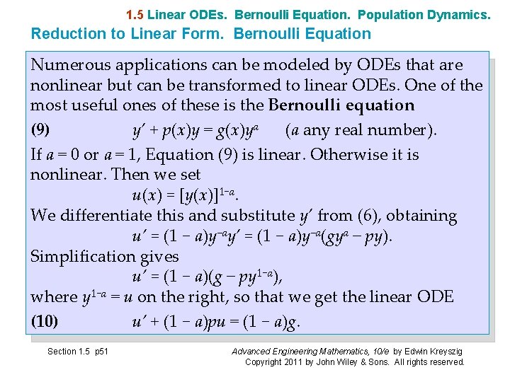 1. 5 Linear ODEs. Bernoulli Equation. Population Dynamics. Reduction to Linear Form. Bernoulli Equation 1. 5 Linear ODEs. Bernoulli Equation. Population Dynamics. Reduction to Linear Form. Bernoulli Equation