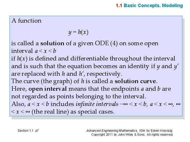 1. 1 Basic Concepts. Modeling A function y = h(x) is called a solution 1. 1 Basic Concepts. Modeling A function y = h(x) is called a solution