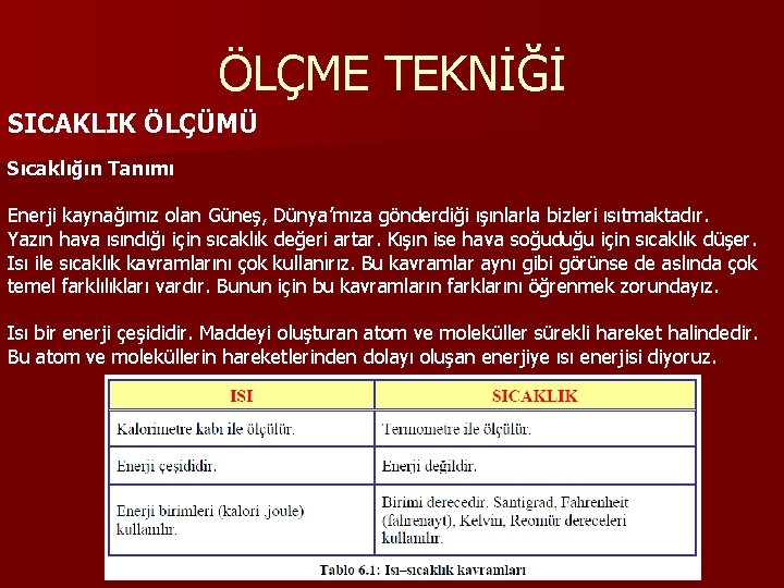 ÖLÇME TEKNİĞİ SICAKLIK ÖLÇÜMÜ Sıcaklığın Tanımı Enerji kaynağımız olan Güneş, Dünya’mıza gönderdiği ışınlarla bizleri ÖLÇME TEKNİĞİ SICAKLIK ÖLÇÜMÜ Sıcaklığın Tanımı Enerji kaynağımız olan Güneş, Dünya’mıza gönderdiği ışınlarla bizleri