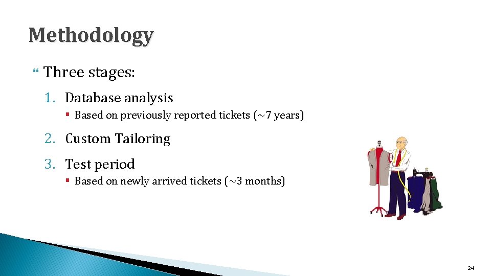 Methodology Three stages: 1. Database analysis § Based on previously reported tickets (~7 years)