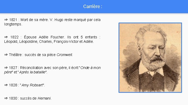Carrière : ⇒ 1821 : Mort de sa mère. V. Hugo reste marqué par