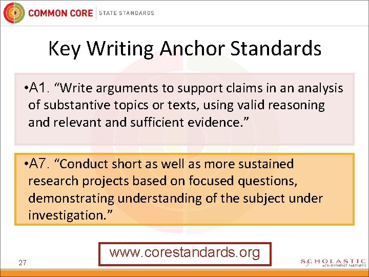 Key Writing Anchor Standards • A 1. “Write arguments to support claims in an