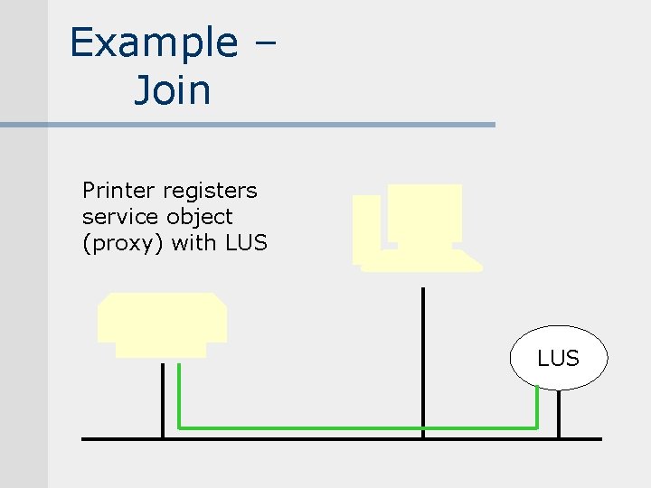 Example – Join Printer registers service object (proxy) with LUS Example – Join Printer registers service object (proxy) with LUS