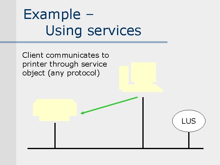 Example – Using services Client communicates to printer through service object (any protocol) LUS Example – Using services Client communicates to printer through service object (any protocol) LUS