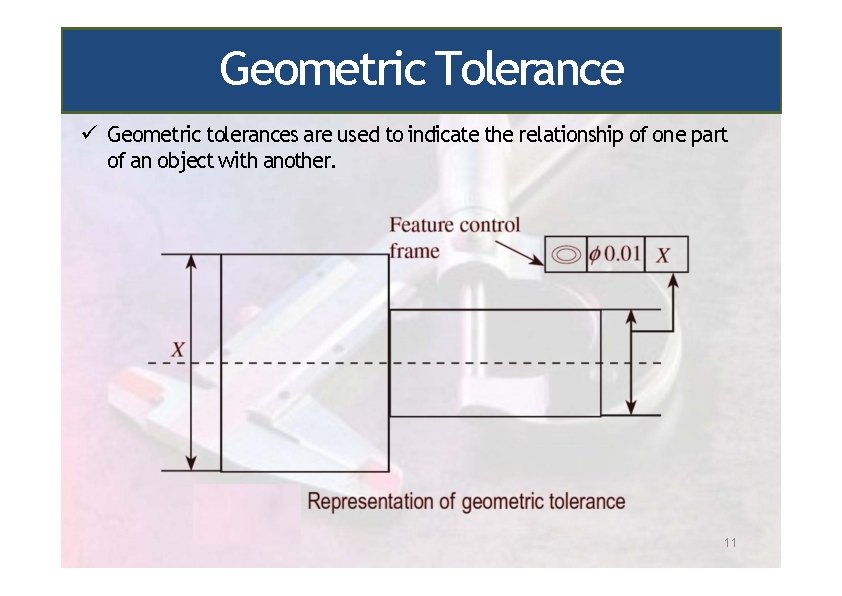 Geometric Tolerance Geometric tolerances are used to indicate the relationship of one part of