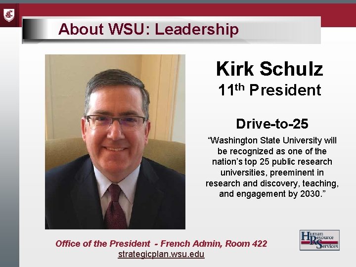 About WSU: Leadership Kirk Schulz 11 th President Drive-to-25 “Washington State University will be