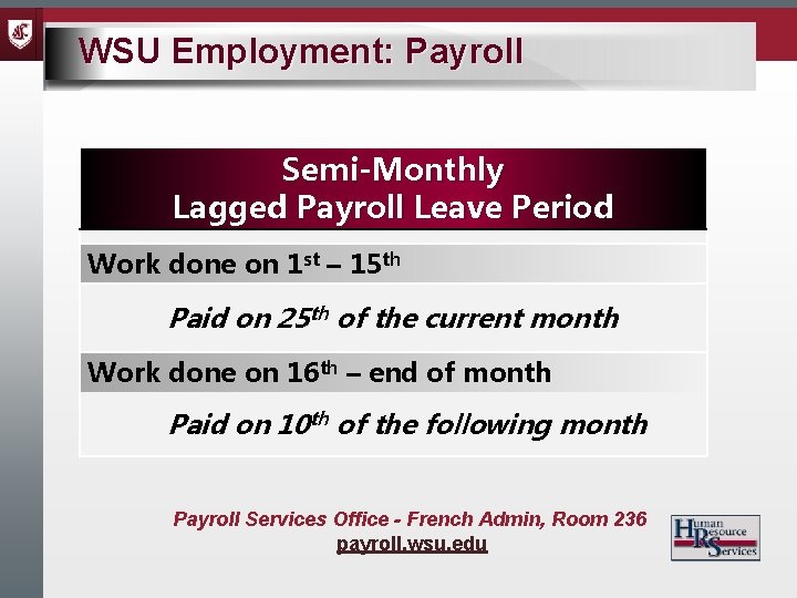 WSU Employment: Payroll Semi-Monthly Lagged Payroll Leave Period Work done on 1 st –