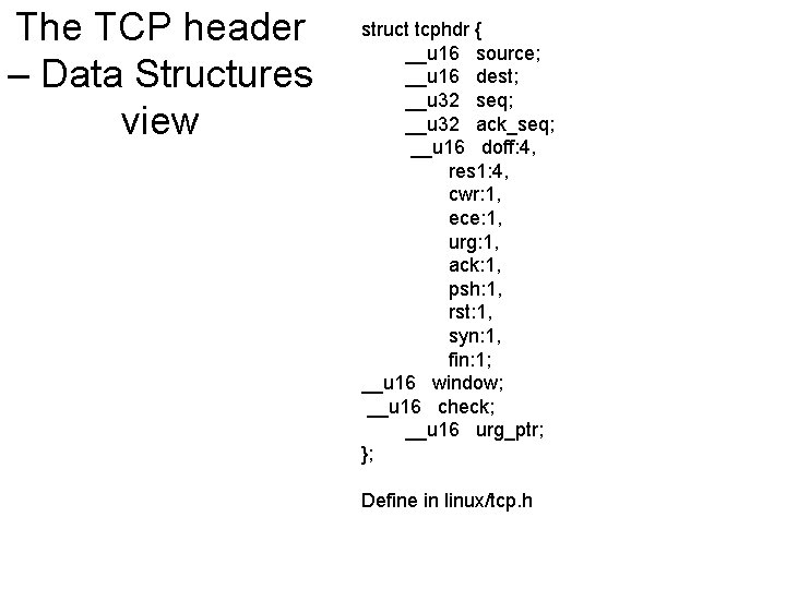 The TCP header – Data Structures view struct tcphdr { __u 16 source; __u