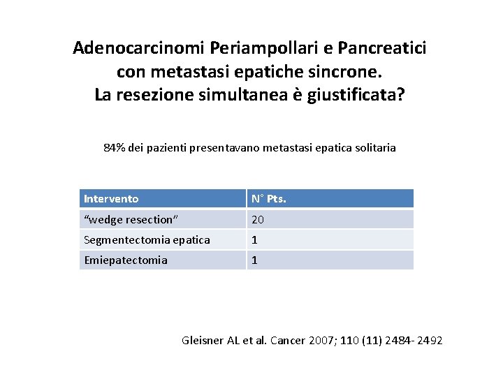 Adenocarcinomi Periampollari e Pancreatici con metastasi epatiche sincrone. La resezione simultanea è giustificata? 84% Adenocarcinomi Periampollari e Pancreatici con metastasi epatiche sincrone. La resezione simultanea è giustificata? 84%