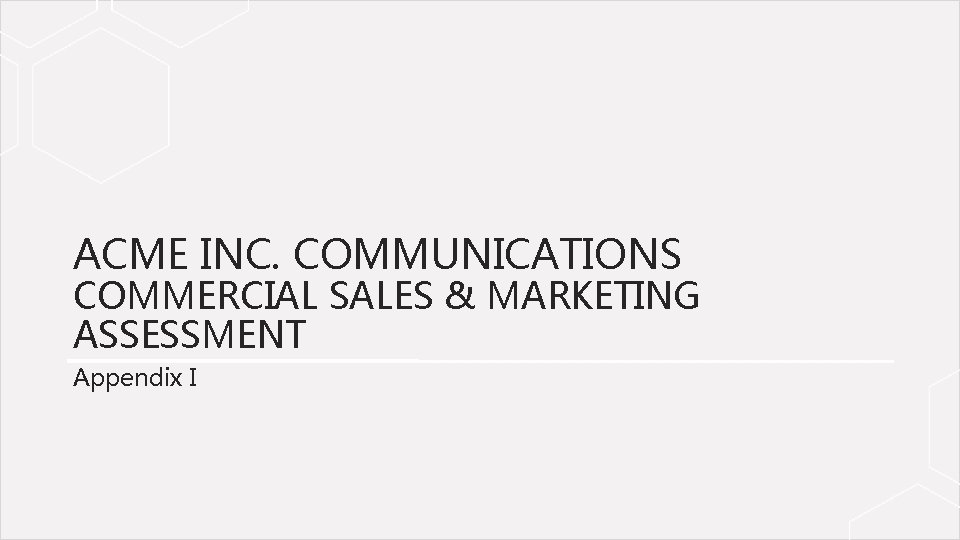 ACME INC. COMMUNICATIONS COMMERCIAL SALES & MARKETING ASSESSMENT Appendix I 12/2/2020 SBI Proprietary &