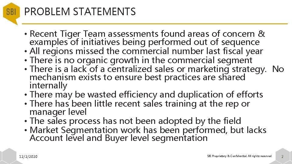 PROBLEM STATEMENTS • Recent Tiger Team assessments found areas of concern & examples of