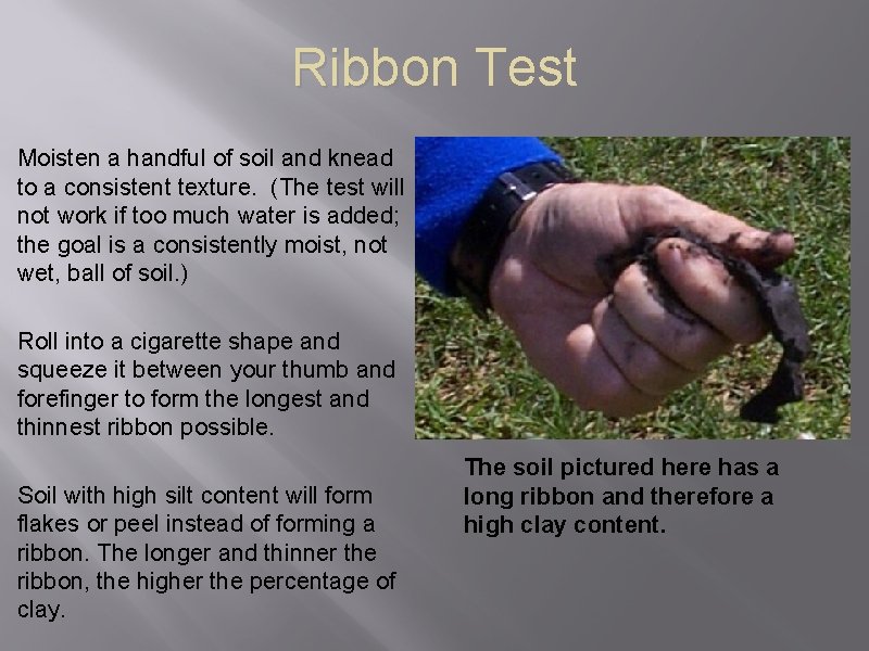 Ribbon Test Moisten a handful of soil and knead to a consistent texture. (The