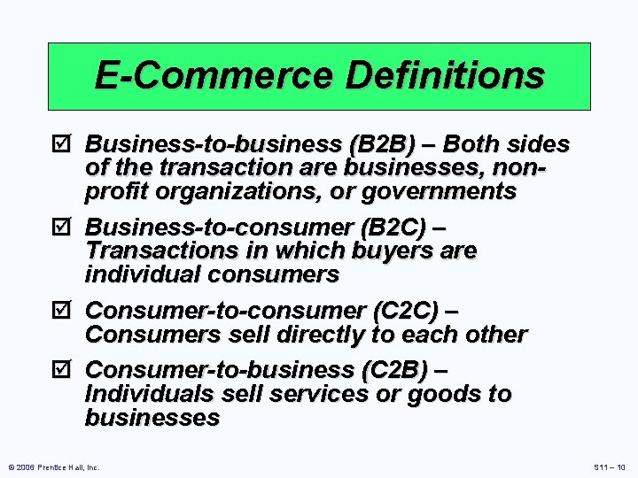 E-Commerce Definitions þ Business-to-business (B 2 B) – Both sides of the transaction are