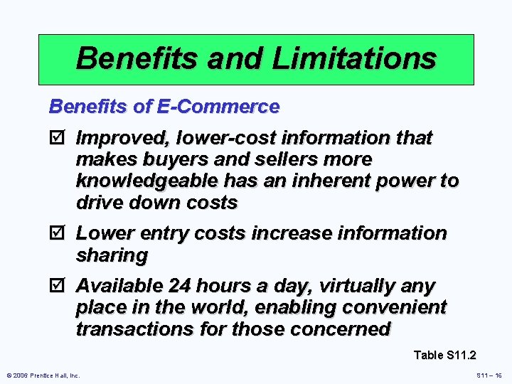 Benefits and Limitations Benefits of E-Commerce þ Improved, lower-cost information that makes buyers and