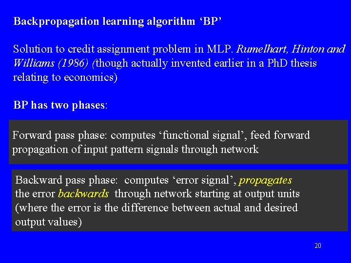 Backpropagation learning algorithm ‘BP’ Solution to credit assignment problem in MLP. Rumelhart, Hinton and