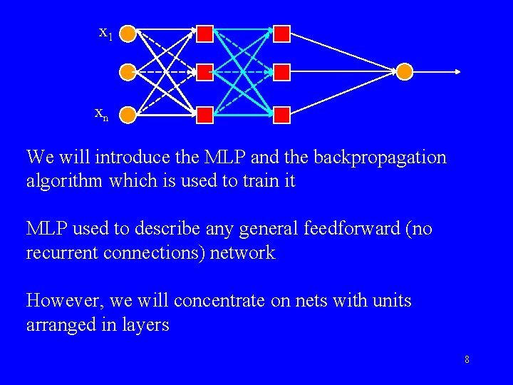 x 1 xn We will introduce the MLP and the backpropagation algorithm which is