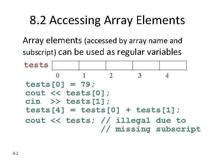 8. 2 Accessing Array Elements Array elements (accessed by array name and subscript) can