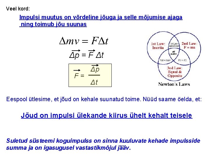 Veel kord: Impulsi muutus on võrdeline jõuga ja selle mõjumise ajaga ning toimub jõu