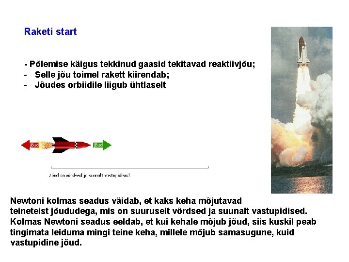 Raketi start - Põlemise käigus tekkinud gaasid tekitavad reaktiivjõu; - Selle jõu toimel rakett