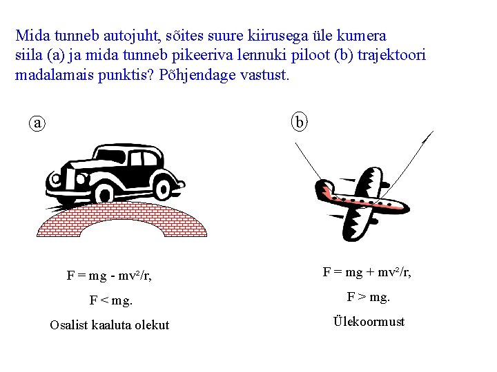 Mida tunneb autojuht, sõites suure kiirusega üle kumera siila (a) ja mida tunneb pikeeriva