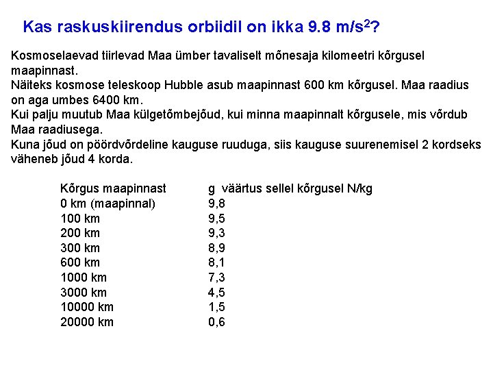 Kas raskuskiirendus orbiidil on ikka 9. 8 m/s 2? Kosmoselaevad tiirlevad Maa ümber tavaliselt