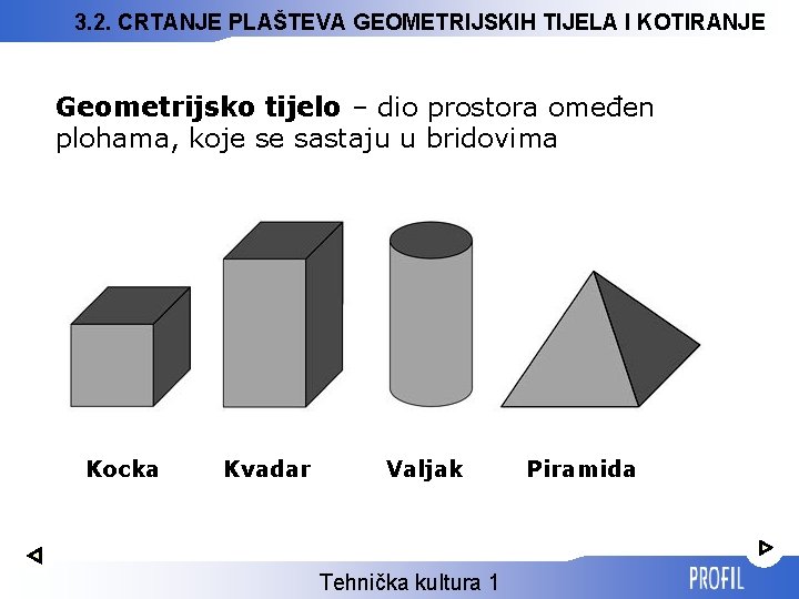 3. 2. CRTANJE PLAŠTEVA GEOMETRIJSKIH TIJELA I KOTIRANJE Geometrijsko tijelo – dio prostora omeđen