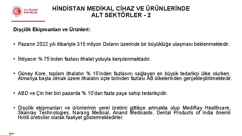 HİNDİSTAN MEDİKAL CİHAZ VE ÜRÜNLERİNDE ALT SEKTÖRLER - 2 Dişçilik Ekipmanları ve Ürünleri: •