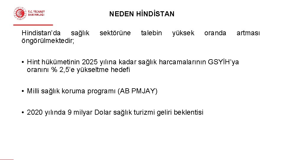 NEDEN HİNDİSTAN Hindistan’da sağlık öngörülmektedir; sektörüne talebin yüksek oranda artması • Hint hükümetinin 2025