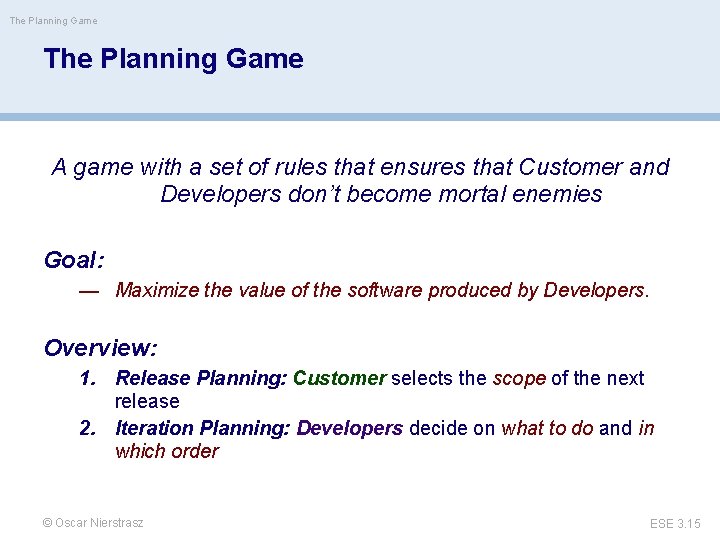The Planning Game A game with a set of rules that ensures that Customer