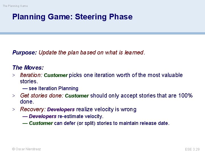 The Planning Game: Steering Phase Purpose: Update the plan based on what is learned.