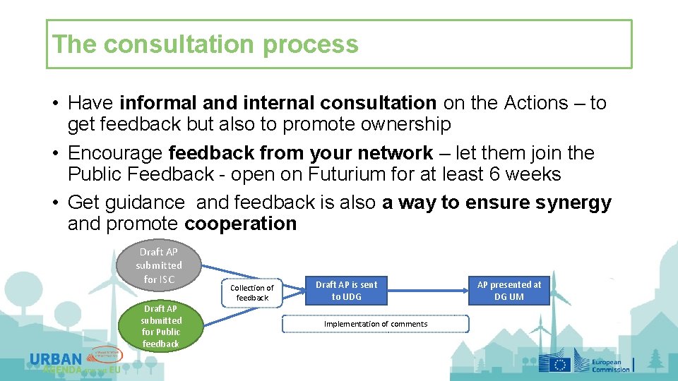 The consultation process • Have informal and internal consultation on the Actions – to