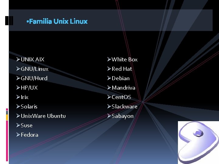  • Familia Unix Linux ØUNIX AIX ØWhite Box ØGNU/Linux ØRed Hat ØGNU/Hurd ØDebian