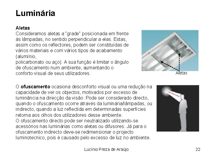 Luminária Aletas Consideramos aletas a “grade” posicionada em frente às lâmpadas, no sentido perpendicular