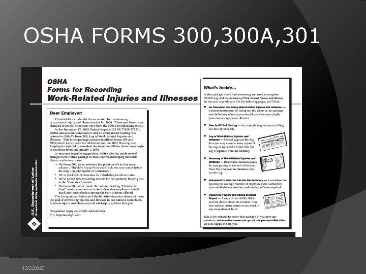 OSHA FORMS 300, 300 A, 301 12/2/2020 