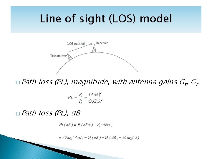 Line of sight (LOS) model � Path loss (PL), magnitude, with antenna gains Gt,