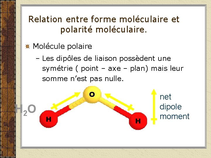 Relation entre forme moléculaire et polarité moléculaire. Molécule polaire – Les dipôles de liaison