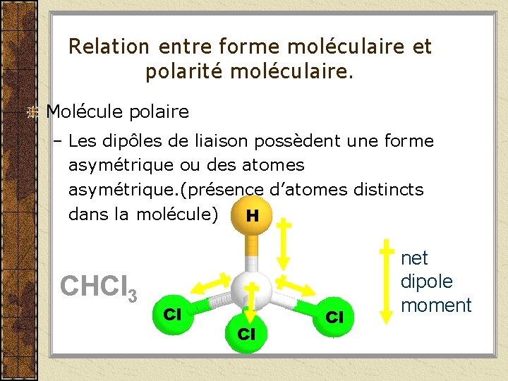 Relation entre forme moléculaire et polarité moléculaire. Molécule polaire – Les dipôles de liaison