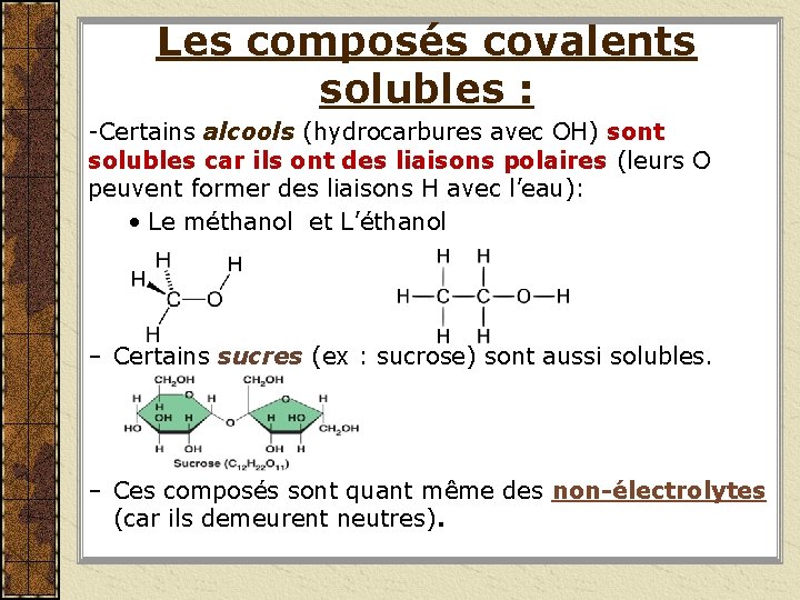 Les composés covalents solubles : -Certains alcools (hydrocarbures avec OH) sont solubles car ils