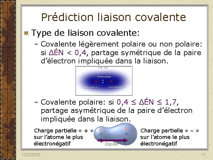 Prédiction liaison covalente Type de liaison covalente: – Covalente légèrement polaire ou non polaire: