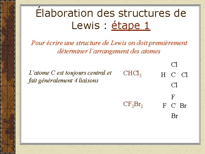 Élaboration des structures de Lewis : étape 1 Pour écrire une structure de Lewis