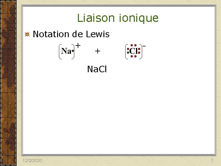 Liaison ionique Notation de Lewis + Na + Cl - Na. Cl 12/2/2020 7
