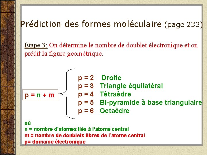 Prédiction des formes moléculaire (page 233) Étape 3: On détermine le nombre de doublet