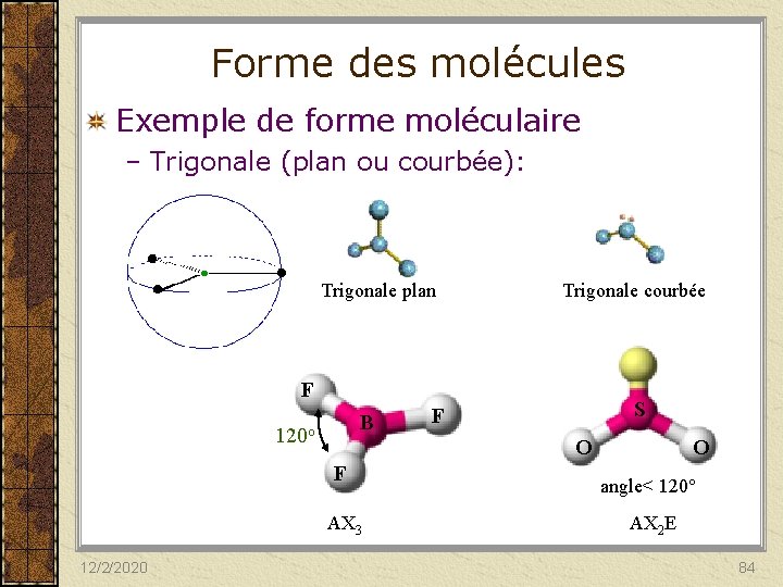 Forme des molécules Exemple de forme moléculaire – Trigonale (plan ou courbée): Trigonale plan