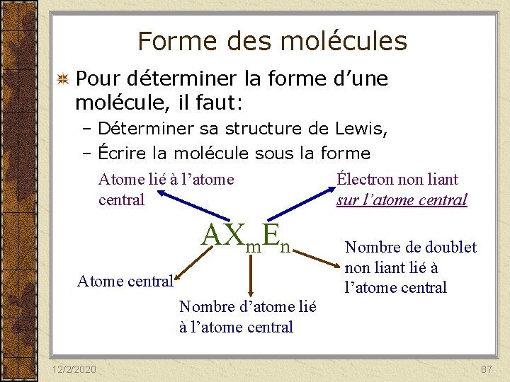 Forme des molécules Pour déterminer la forme d’une molécule, il faut: – Déterminer sa