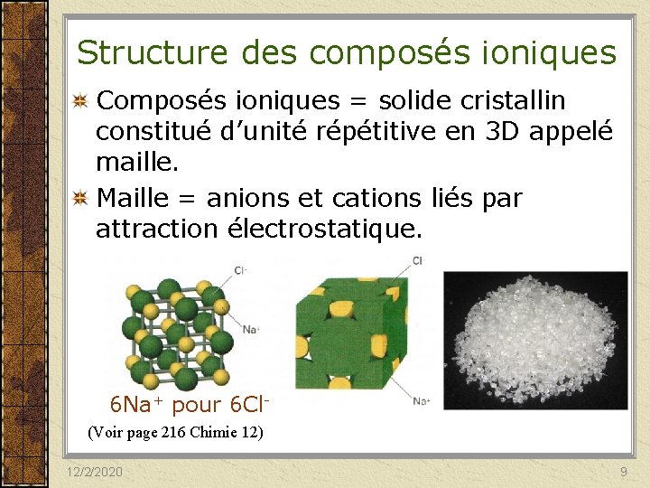 Structure des composés ioniques Composés ioniques = solide cristallin constitué d’unité répétitive en 3