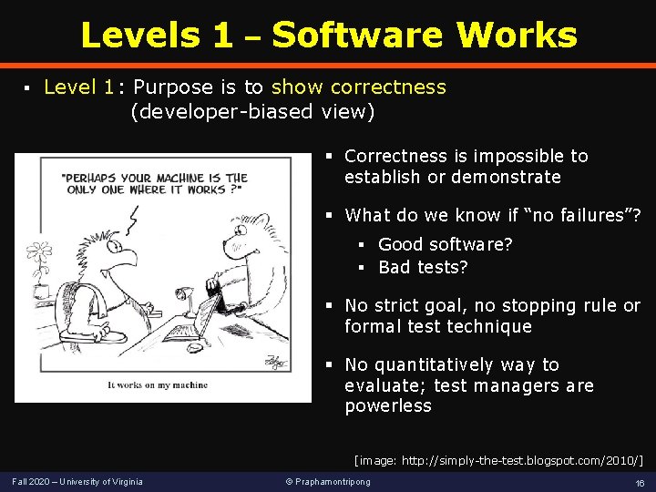 Levels 1 – Software Works § Level 1: Purpose is to show correctness (developer-biased